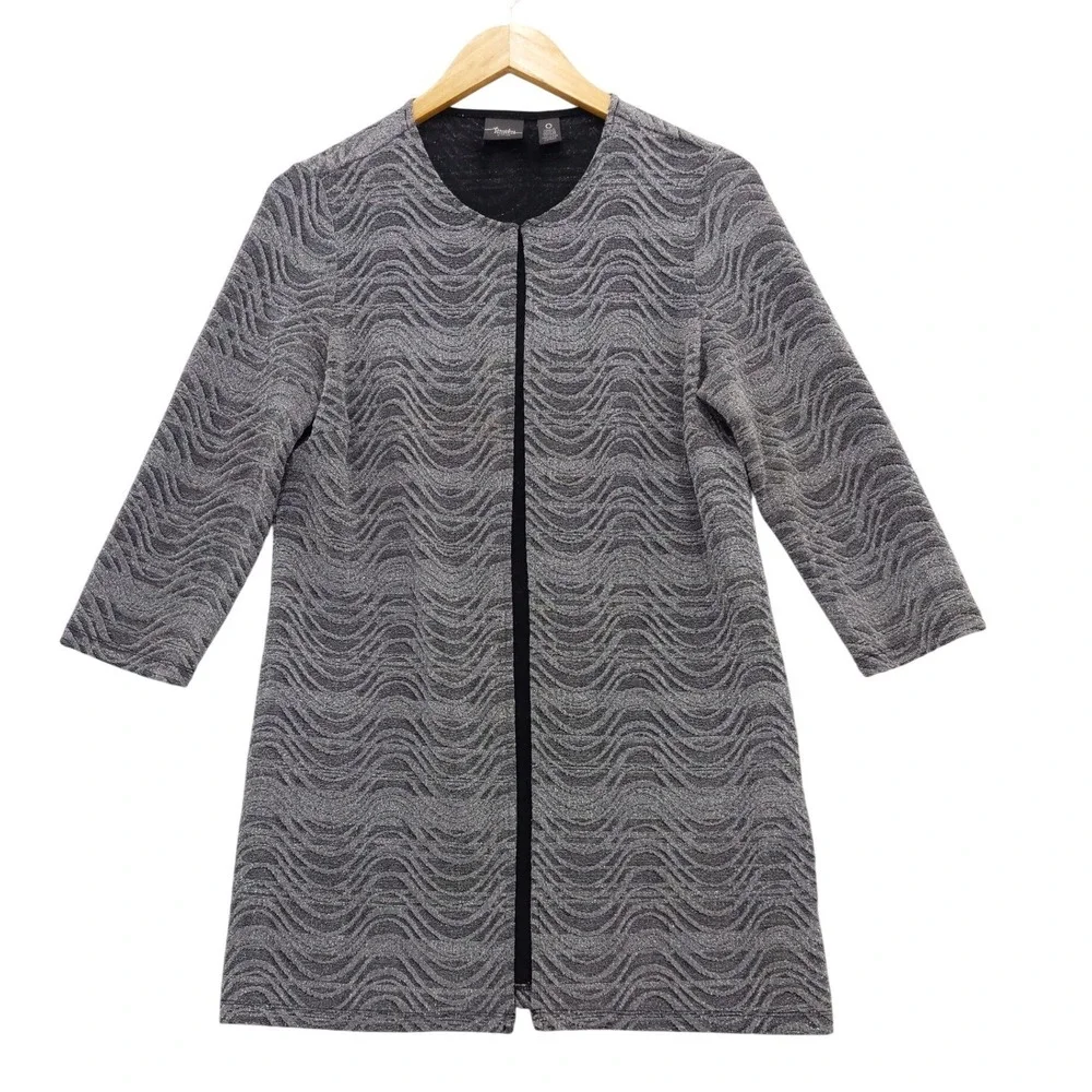 Chico's Cardigan Women 0 S Silver Black Travelers Wave Metallic Longline Pocket‎